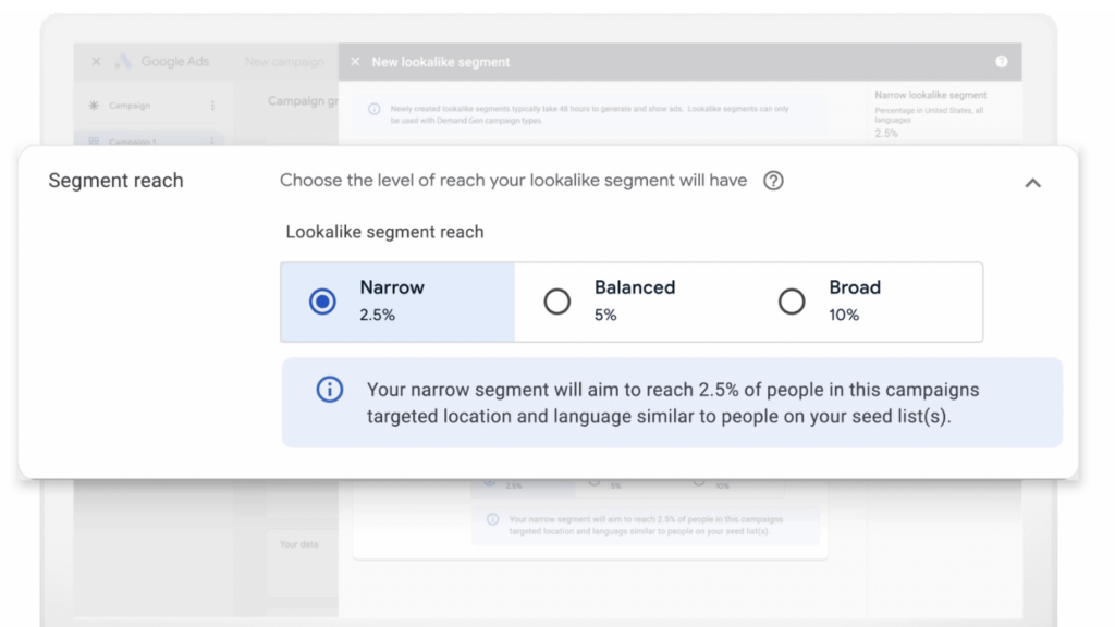 Screenshot of lookalike audience in Google Ads for Demand Gen campaigns